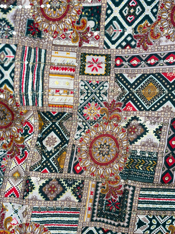 Zijdekatoen - Rood en groen met pailletten