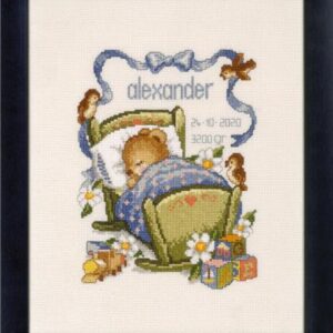 076.225288_112548 Borduurpakket - Pako - Geboorte wiegje blauw 25x30cm